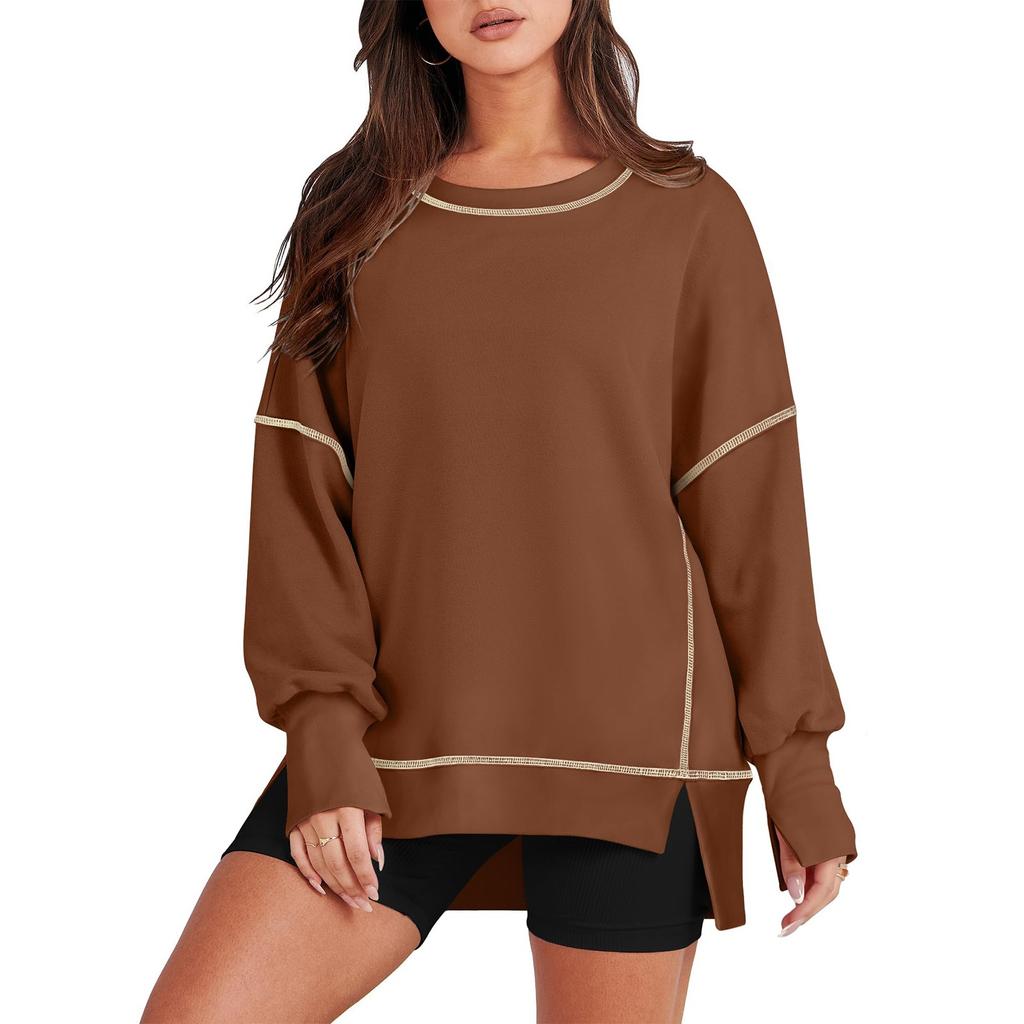 Women's Casual Loose Fitting Pullover Sweatshirt Solid Color Split Stitch Long Sleeved Sweatshirt