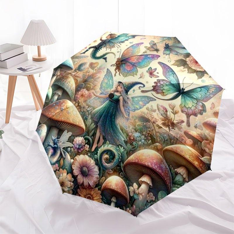 Enchanted Garden Fantasy Wall Art PrintUmbrella with Cute Design,Portable 3-Fold Compact Umbrella for Men&Women,Valentine's Day Mother's Day