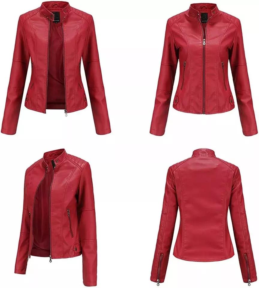Handmade Biker Motorcycle Women's Jacket Red Stylish Genuine Lambskin Leather Soft