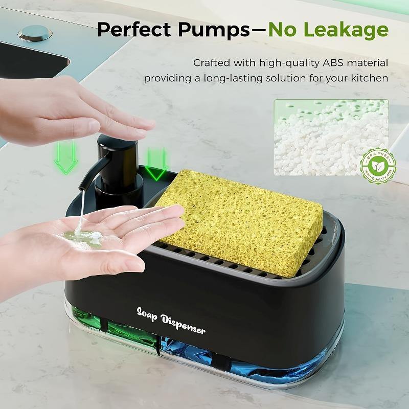 380 мл 2-в-1 Диспенсер для кухонного мыла с держателем для губки, герметичный, с помпой для жидкого мыла, прозрачный, для ванной комнаты, кухонного хранения