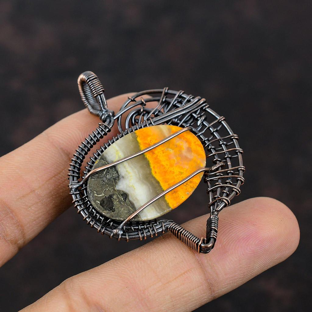 Подвеска Bumble Bee Jasper, медная проволока, обернутая в ювелирное изделие, дизайнерская медная подвеска, ювелирное изделие из драгоценных камней ручной работы, уникальная подвеска, проволочная подвеска для подарка