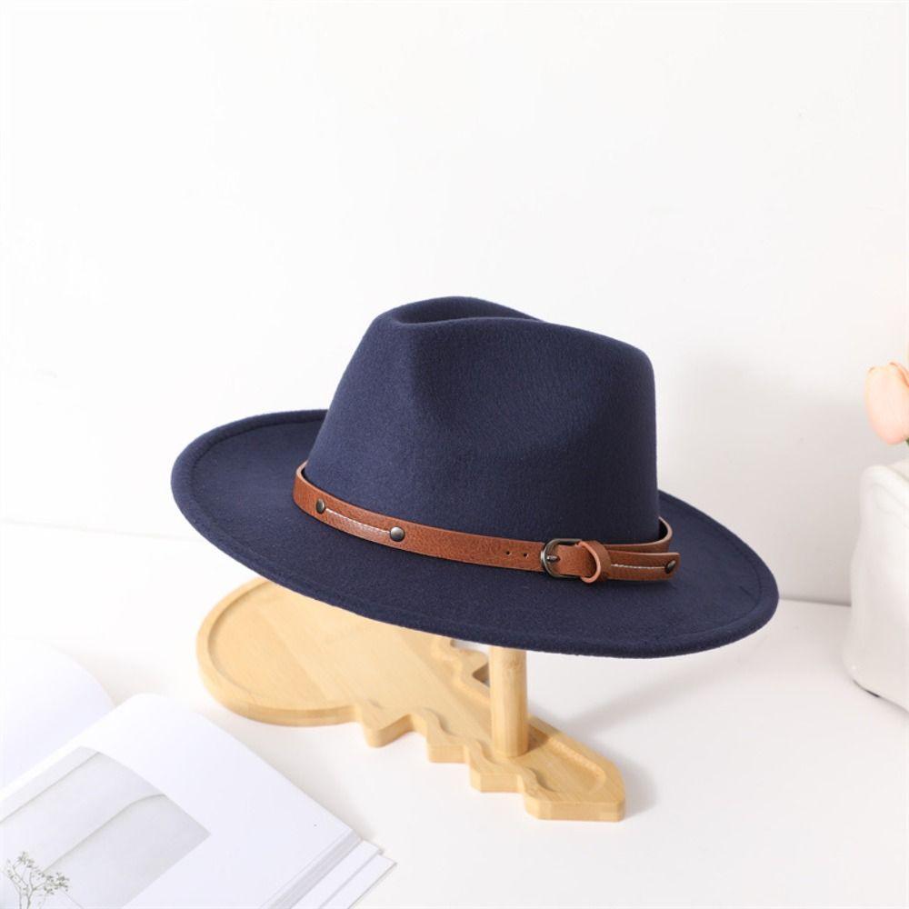 Wide Brim Felt Fedora Hats With Belt Buckle Cowboy Cap Fashion Panama Cap  Men Women