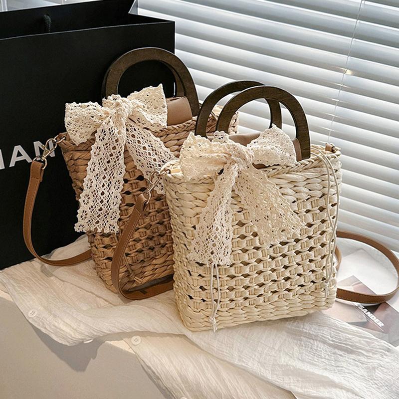 Yogodlns Летняя соломенная сумка, женская богемная соломенная пляжная сумка, повседневная сумка с ручкой, большая вместительная сумка через плечо, женский кошелек ручной работы