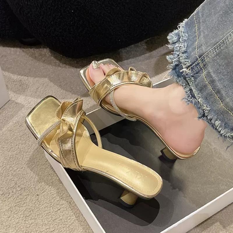 2024 лето Новые тапочки с оборками Французские сандалии Туфли женские на высоком каблуке Туфли-лодочки