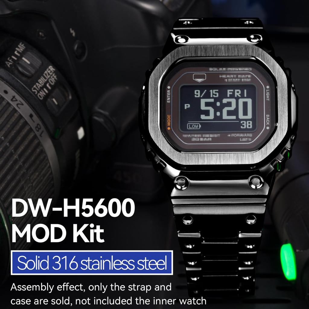 MOD Kit Metal Watch Bezel 316 Stainless Steel Compatible with Casio and Case, Band, Strap, Bracelet, G-SHOCK Men's DW-H5600 (Black Set)