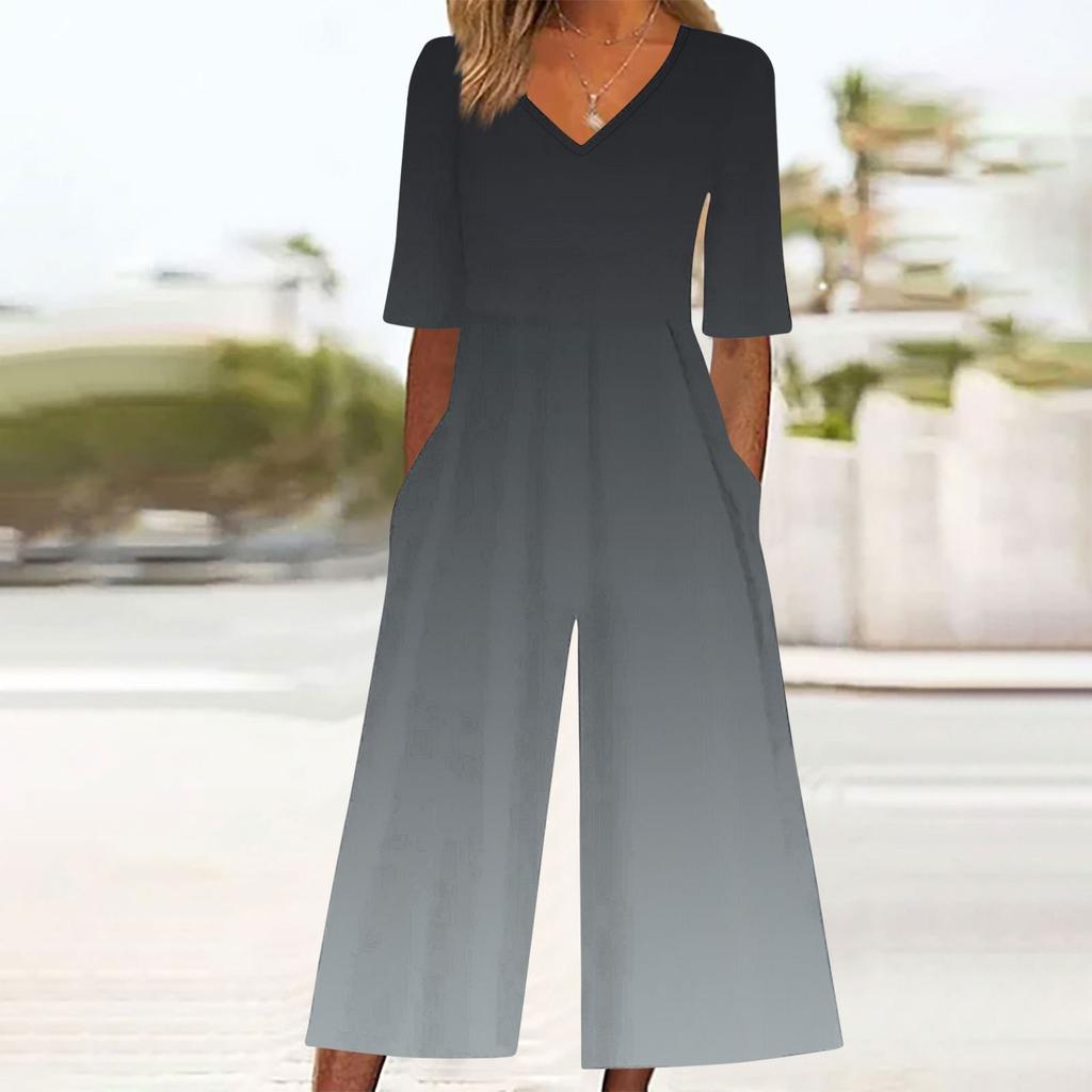 Женский свободный повседневный комбинезон с V-образным вырезом и градиентным принтом, приталенный, с широкими штанинами