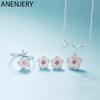 ANENJERY Женские модные комплекты ювелирных украшений, романтическое ожерелье с цветком вишни + серьги + кольцо + браслет для женщин