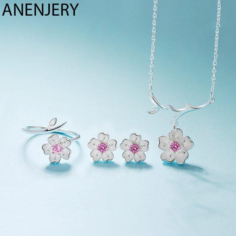 ANENJERY Женские модные комплекты ювелирных украшений, романтическое ожерелье с цветком вишни + серьги + кольцо + браслет для женщин