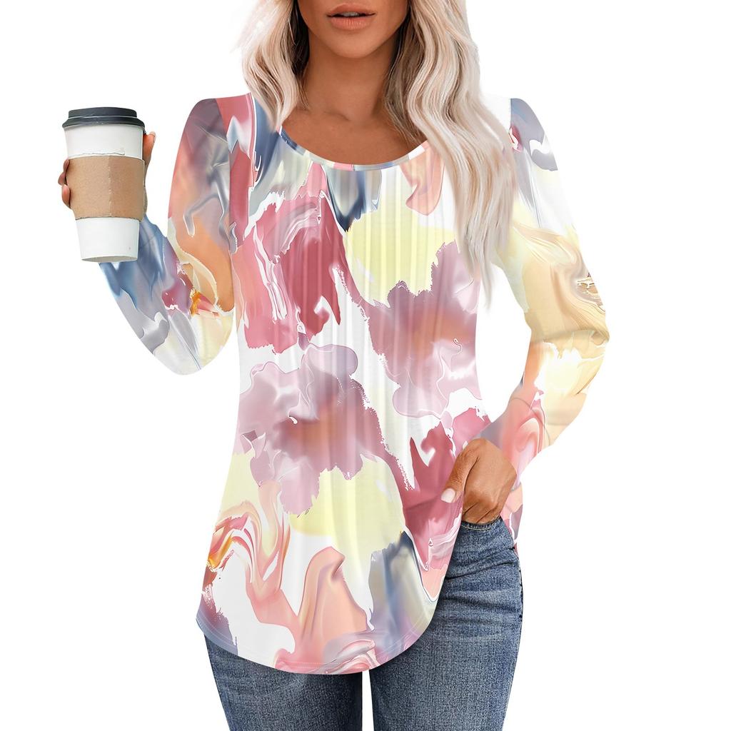 Long Sleeve Shirts For Women Tops Dressy Casual Blouses Pleated Scooped Neck Tunic Tops