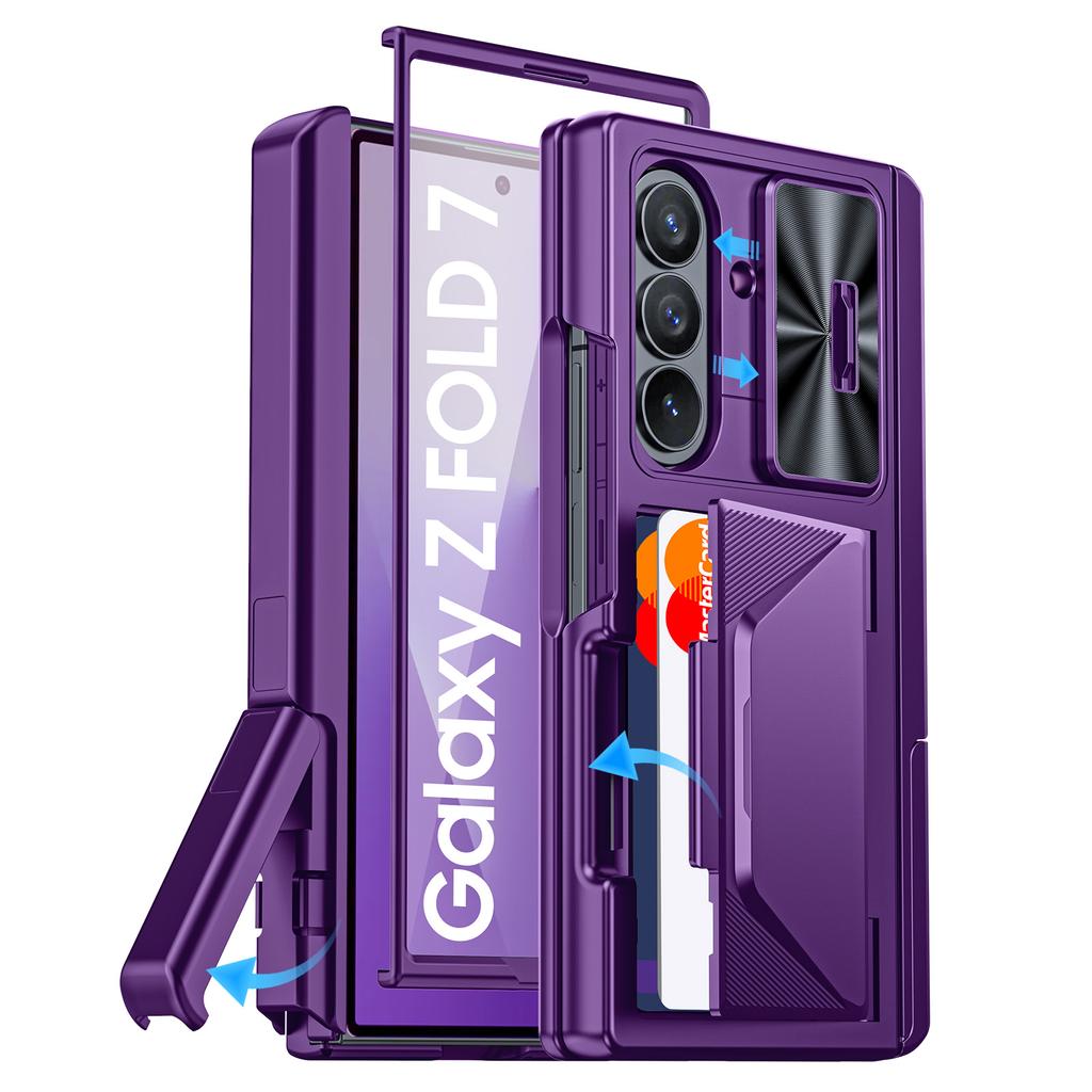 Для Samsung Galaxy Z Fold 7 С держателем для карт, Блокировка RFID, Встроенная сдвижная крышка для объектива и Защита шарнира и Подставка и Защитная пленка для экрана, Чехол-кошелек-Золотой