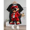 Superhero & Young Boy Casual Cartoon Patterned Short Sleeve Round Neck Top And Shorts Set, Suitable For Summer