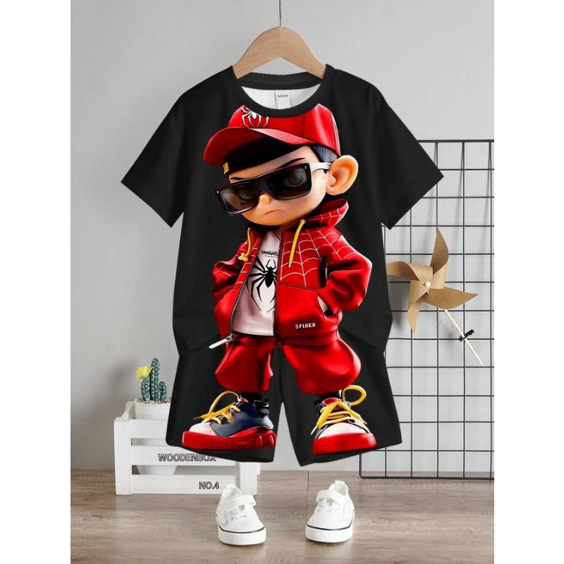 Superhero & Young Boy Casual Cartoon Patterned Short Sleeve Round Neck Top And Shorts Set, Suitable For Summer