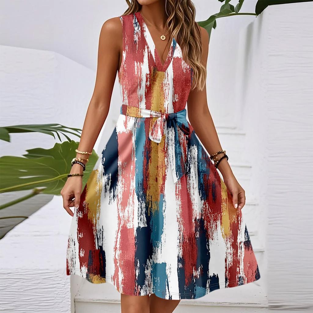 Women's Spring And Summer Casual V-Neck Sleeveless Waist Floral Print Midi Dress