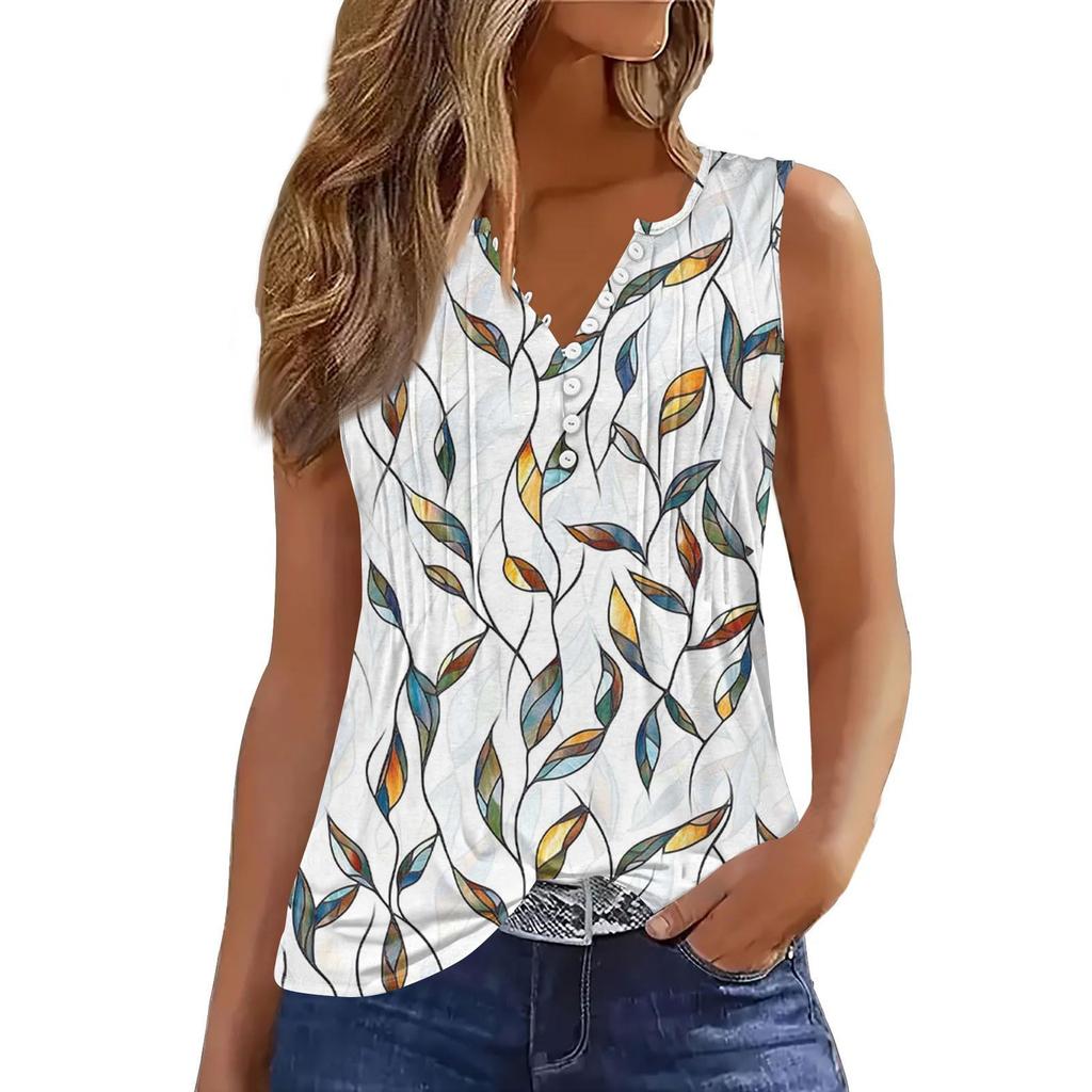 Женская повседневная свободная плиссированная рубашка с цветами и растениями, футболка с V-образным вырезом и застежкой на пуговицы, безрукавка, топ