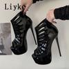 Fashion Liyke Summer Hollow Out Patent Leather Women Platform Boots Sexy Peep Toe Zip Super High Heels Stripper Pole Dance Shoes Black