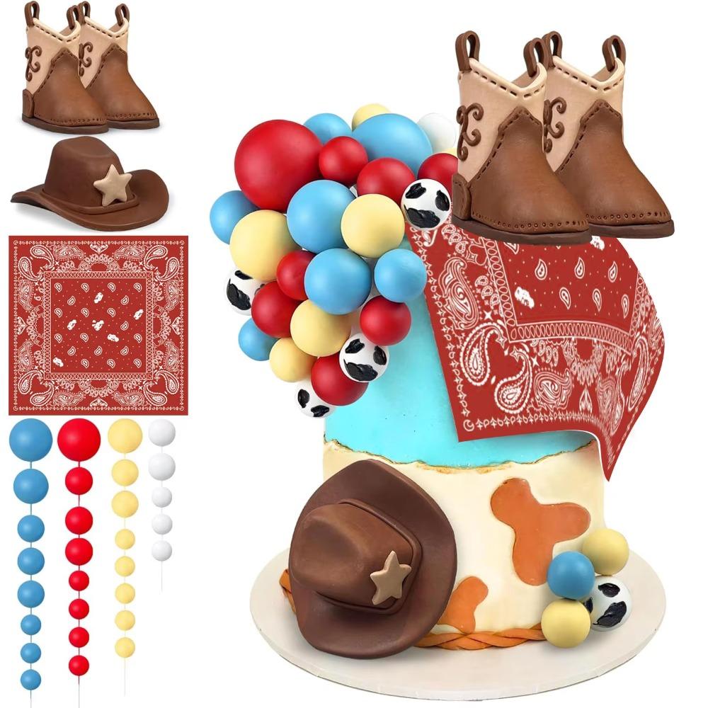 34pcs red square scarf cowboy hat and boots cake top red yellow blue white foam ball for cowboy theme birthday baby shower party