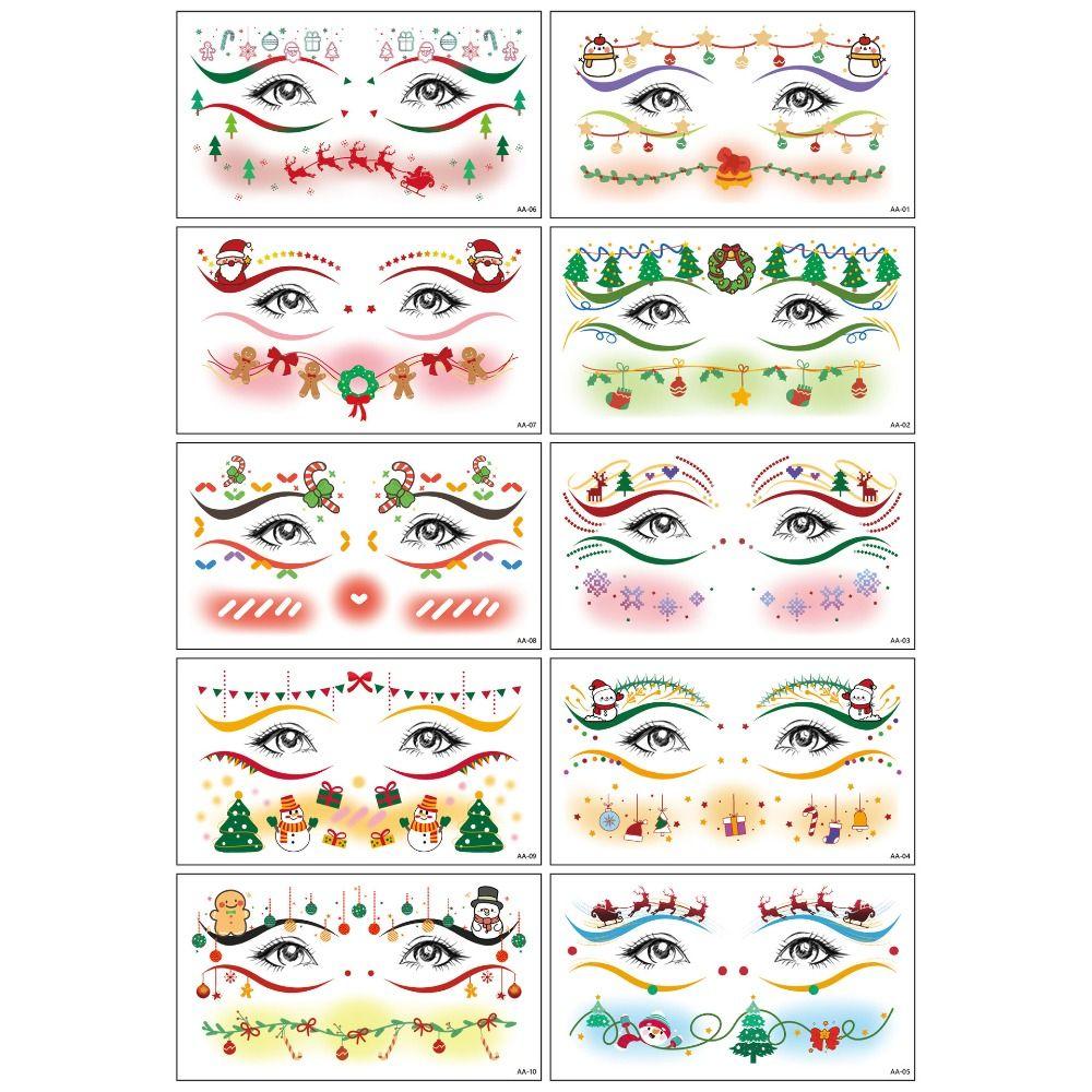 10Pcs Santa Claus Christmas Face Tattoo Sticker Elk Face Art Christmas Makeup Stickers Waterproof DIY Face Makeup Patch
