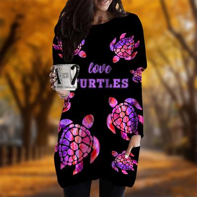 Новинка осени камуфляжное платье с принтом морской черепахи больших размеров для женщин с круглым вырезом и длинными рукавами повседневные платья с карманами