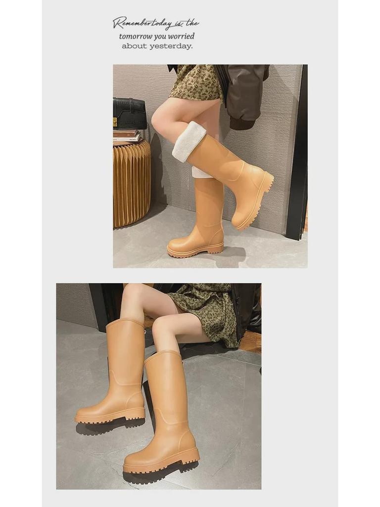 Стильные женские водонепроницаемые нескользящие длинные резиновые сапоги - износостойкая резина с теплой хлопковой подкладкой