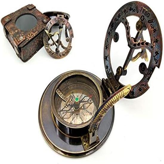 6.5cm Brass Handmade Brass Sundial Compass Beautiful Gift Item with Leather Box