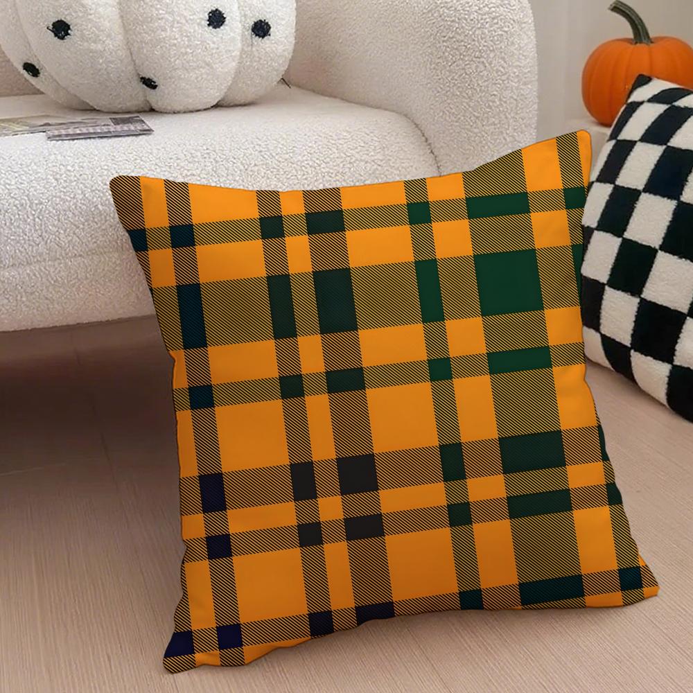 classical orange tartan design plaid Cushion Cover Throw Pillow Cover Hidden Button Durable Polyester Chair Cushion