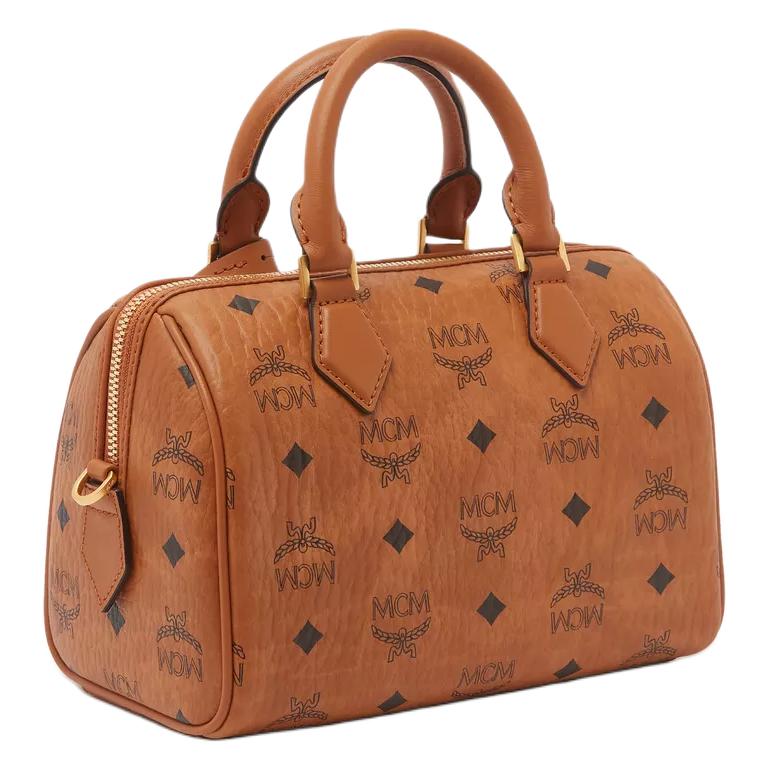 MCM Ella Silver Tone Metal Hardware Boston Bag Shoulder Crossbody Women Handbags Cognac MWBFAEA03CO001