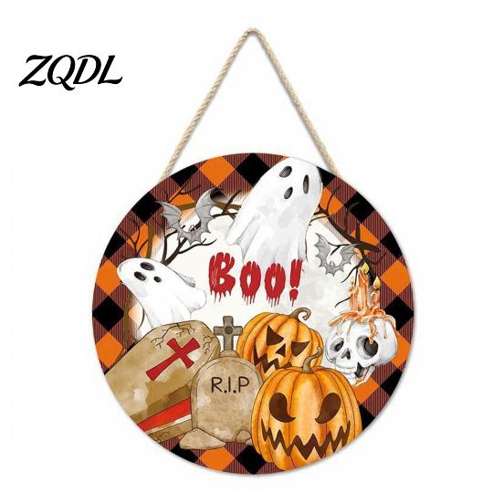 Wall Hanging Props for Halloween Wooden Trick or Treat Door Hanger, Pumpkin Ghost Bat Spider Web Welcome Classic Signs Sign with Jute Rope, Farmhouse