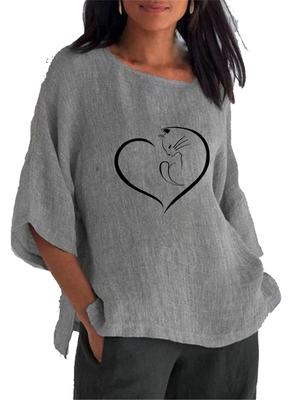 Женская модная рубашка с принтом и круглым вырезом, весна-лето, топ с рукавом 3/4, женская хлопково-льняная блузка