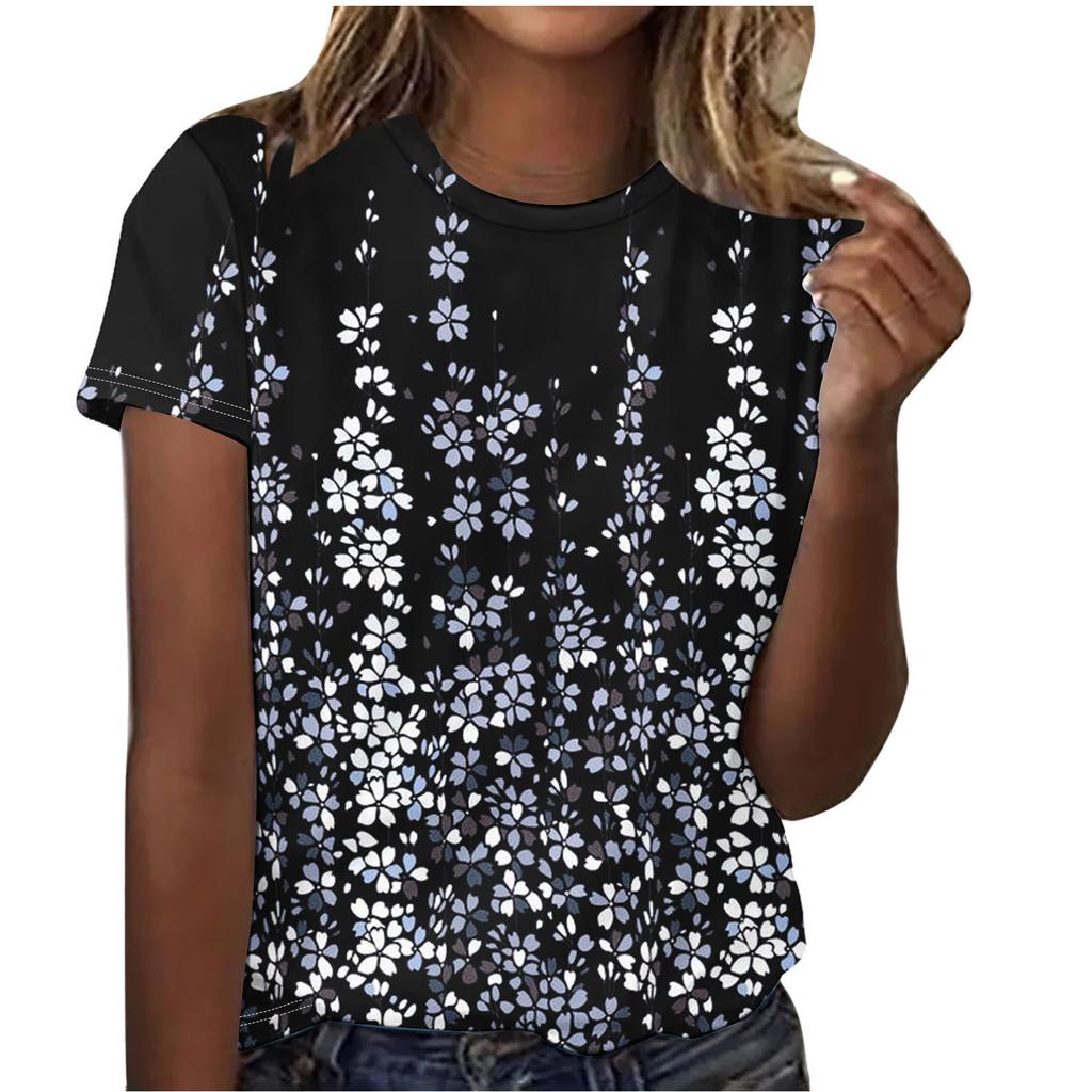 Summer Round Neck Beautiful Floral Print Top Fashionable Casual Short Sleeved Women's T-shirts