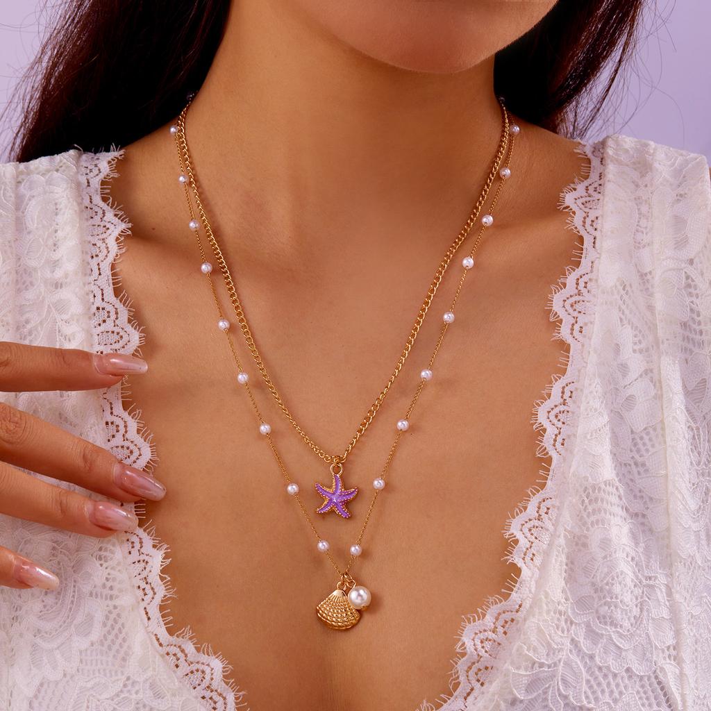 Vintage Double Layer Rice Beads Necklace for Women Boho Beach Turtle Starfish Pendant Short Choker Neck Chain Jewelry Accessory