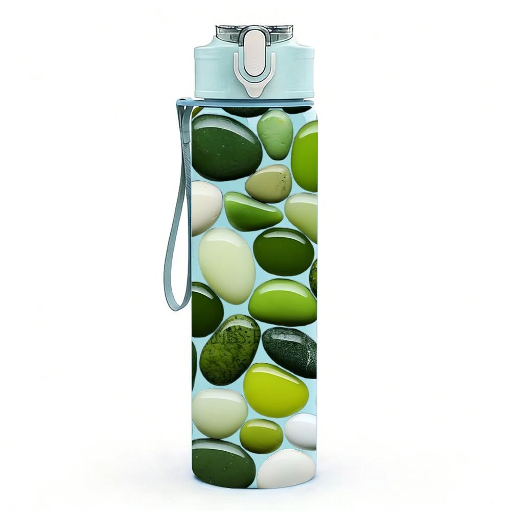 1PC Mixed Green White Pebble Stone Print 750ml Color Plastic Sports Water Bottle Leakproof Flip Straw Lid Suitable for Sports Office Home Use