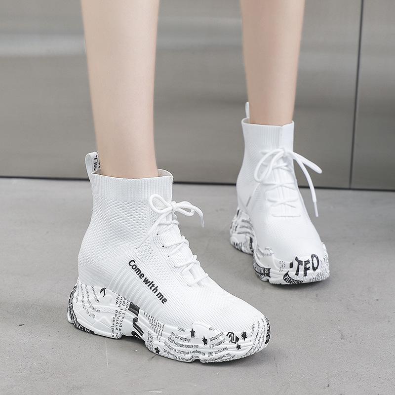 Flying Woven Elastic White Shoes Women 'S Spring And Autumn New Style With Newspaper Bottom High -Top Shoes High -Heeled Muffin Socks Shoes Trend