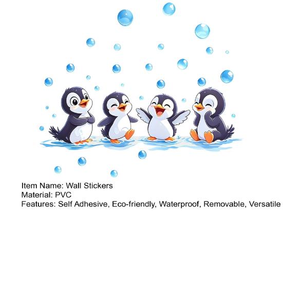 Penguin Wall Decals, Cute 4 Happy Penguins Bathing Decor, Self Adhesive Removable Wall Stickers for Bathroom, Kids Room & Shower Wall Art