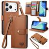 For iPhone 17 Pro Max Case RFID Blocking Zipper Pocket Leather Wallet Phone Cover with Strap