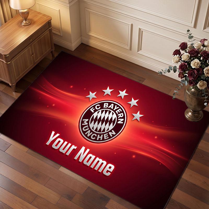Bayern Munich Custom Crystal Velvet Rug, Personalized Name Text Print, Football Logo Soft Non‑Slip Floor Mat Home Decor Gift