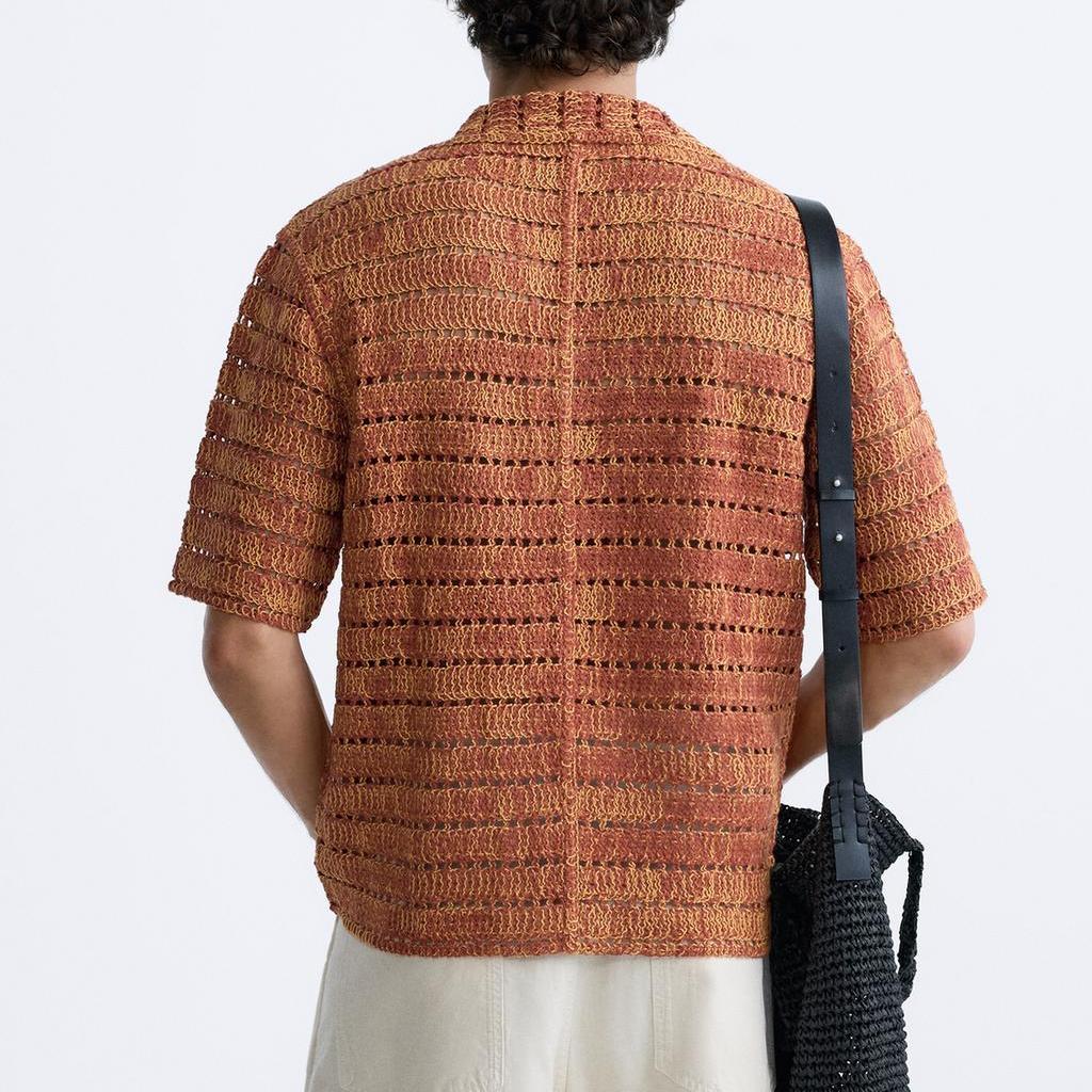 Zara Свободная ажурная повседневная полосатая вязаная футболка с коротким рукавом для мужчин, красная 7200488-077