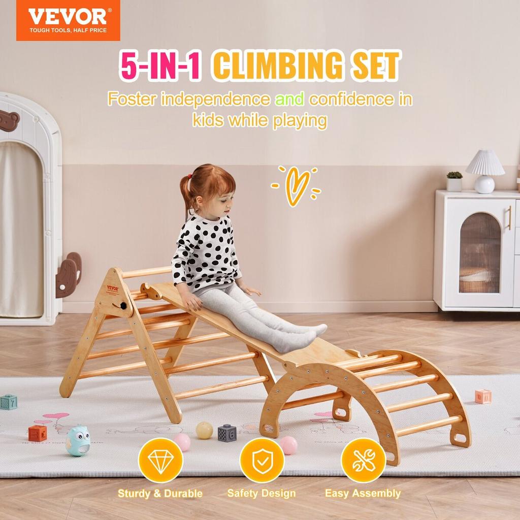 Pikler Triangle Set 5in1 Montessori Climbing Toys for Toddlers Large Wood