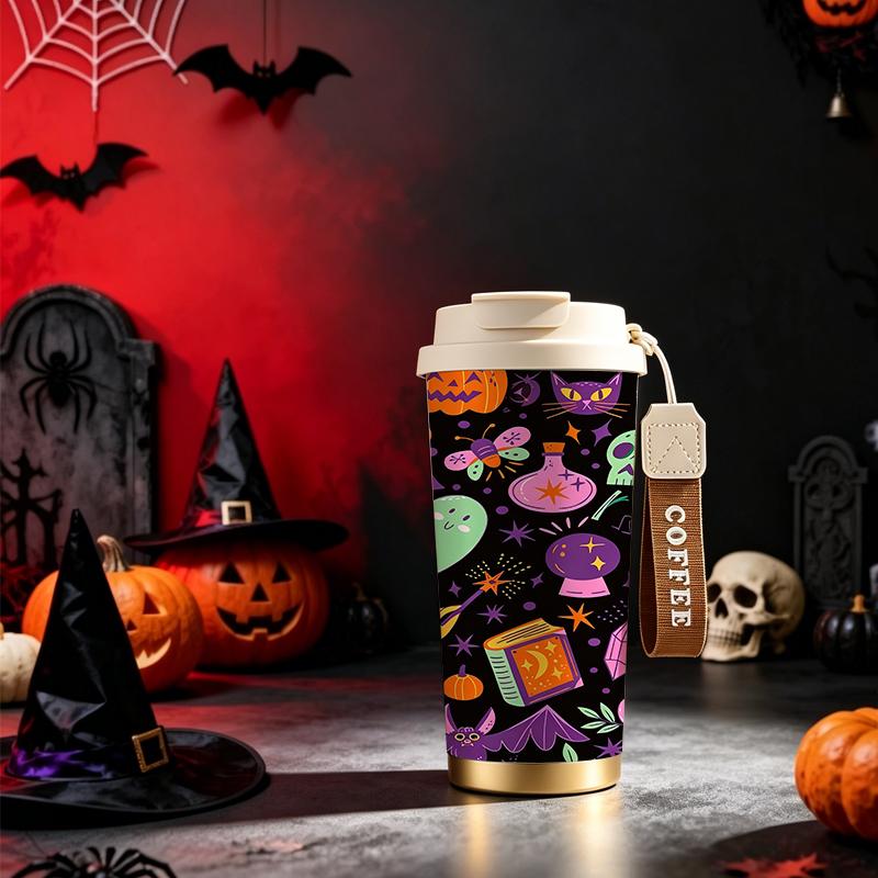 532ml Coffee Cup Halloween Magic Pumpkin Ghost Skull Bat MotifLarge Capacity Tea Cup Car Portable Cup Commuter Coffee Cup