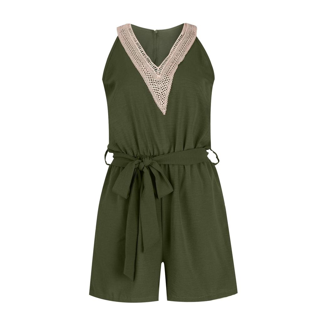 Женский новый модный повседневный кружевной однотонный комбинезон без рукавов с v-образным вырезом