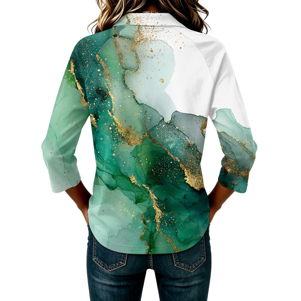 Женская модная повседневная рубашка с рукавом 3/4, пэчворк, мраморный принт, на пуговицах, с воротником, свободного кроя, топ для повседневной носки