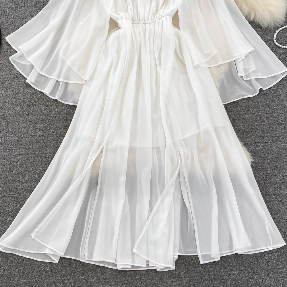 RUGOD Летнее легкое и знакомое стильное платье с круглым вырезом, рукавами в виде листьев лотоса, талией и тонким разрезом, платье трапециевидной формы, большое свободное платье