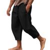 Men Cropped Pants Drawstring Elastic Waist Solid Color Loose Pockets Split Deep Crotch Soft Breathable Summer Vacation Beach Trousers