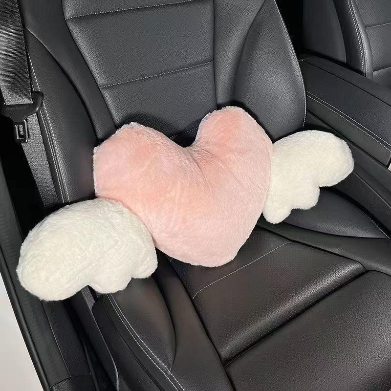 Lovely Pink Heart Angel Wing Car Neck Pillow Lumbar Pillow Soft Plush Comfortable Car Seat Cushion Car Seats Interior Decoration