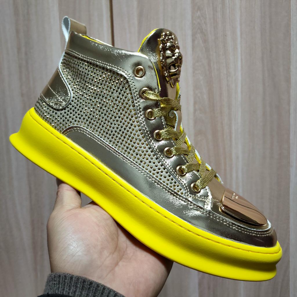 Золотистые Блестящие Роскошные Кроссовки Хайтопы на Молнии Мужские Кроссовки Панк Повседневная Обувь A4