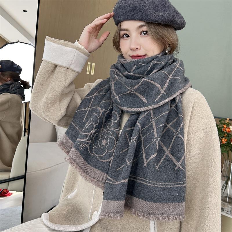 Winter Camellia Oblique Plaid Core-spun Yarn Jacquard Scarf Women's Versatile Cashmere Shawl Thickened Warm and Cold-proof Scarf
