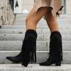 Bride Women Simple Solid Color Retro Fringe Boots Knee High High Thick Heel Pointed Toe Women's Western Cowboy Boots Ankle Boots