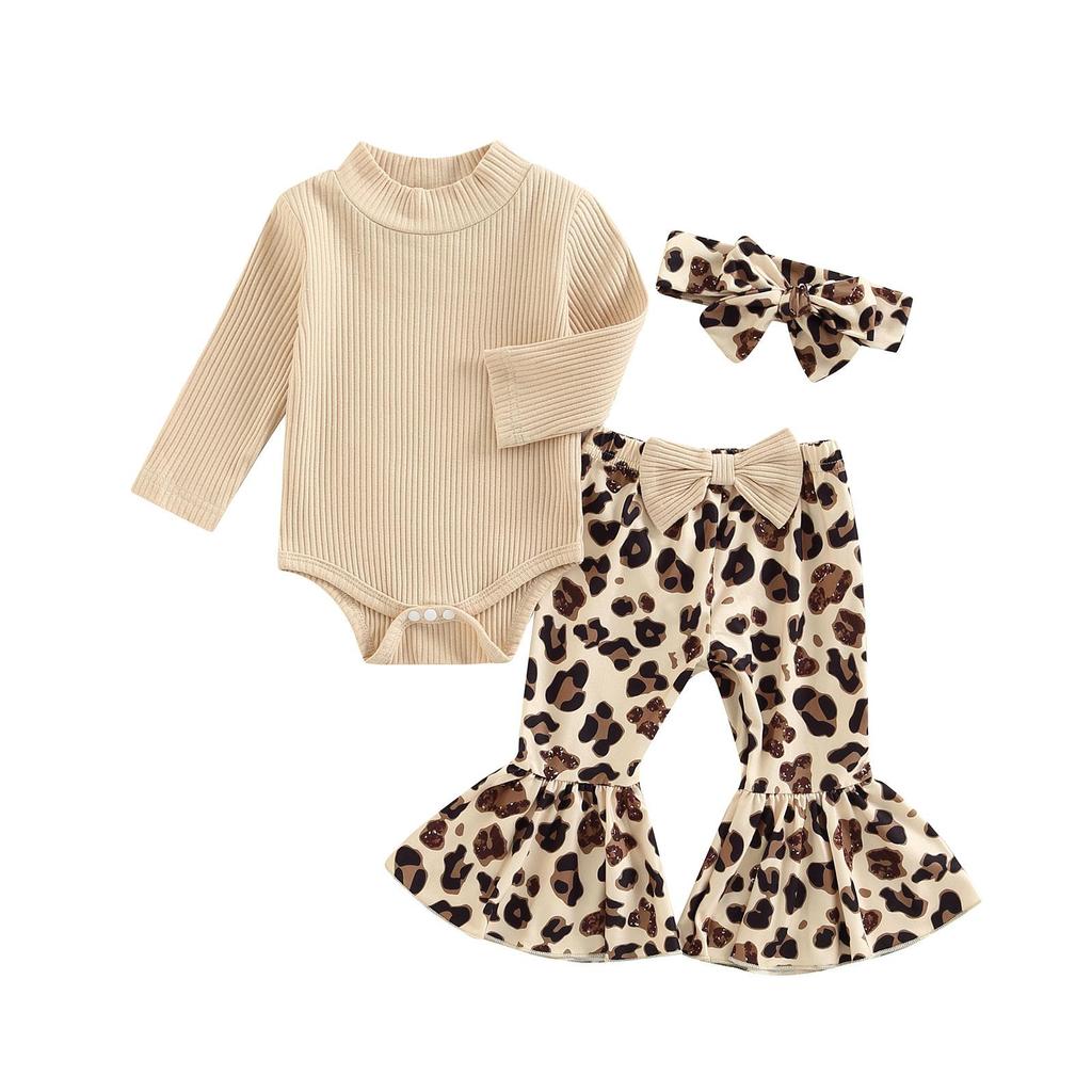 Baby Girls Pants Set, Long Sleeve Romper + Leopard Print Bowknot Flare Pants + Headband