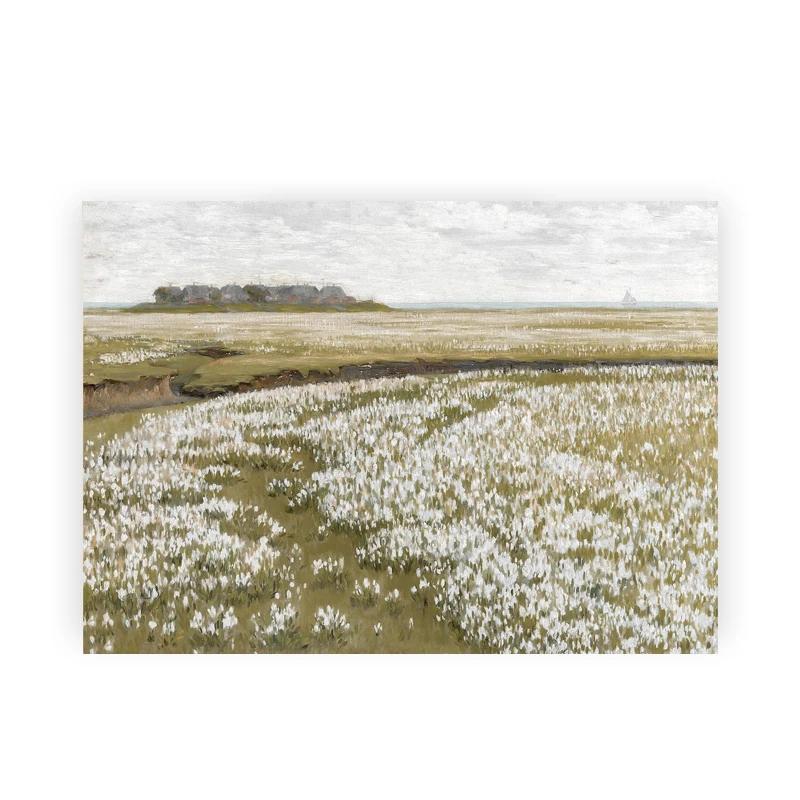 Летний пейзаж Винтажная картина маслом Холст Постер, Весенний Нейтральный Принт для Галерейной Стены, Ретро Зеленый Тон, Настенный Декор Фермерского Дома