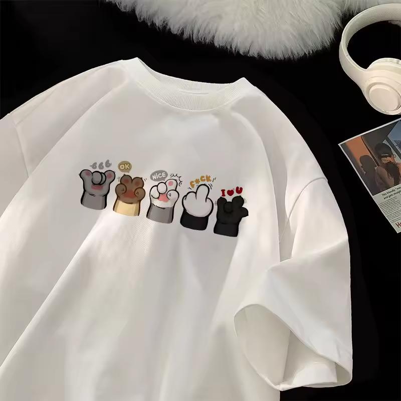 Cute Cartoon Cat Paw Gesture Graphic T shirt Men Women Funny Animal Print Short Sleeve Tee Casual Unisex Loose Streetwear Tops