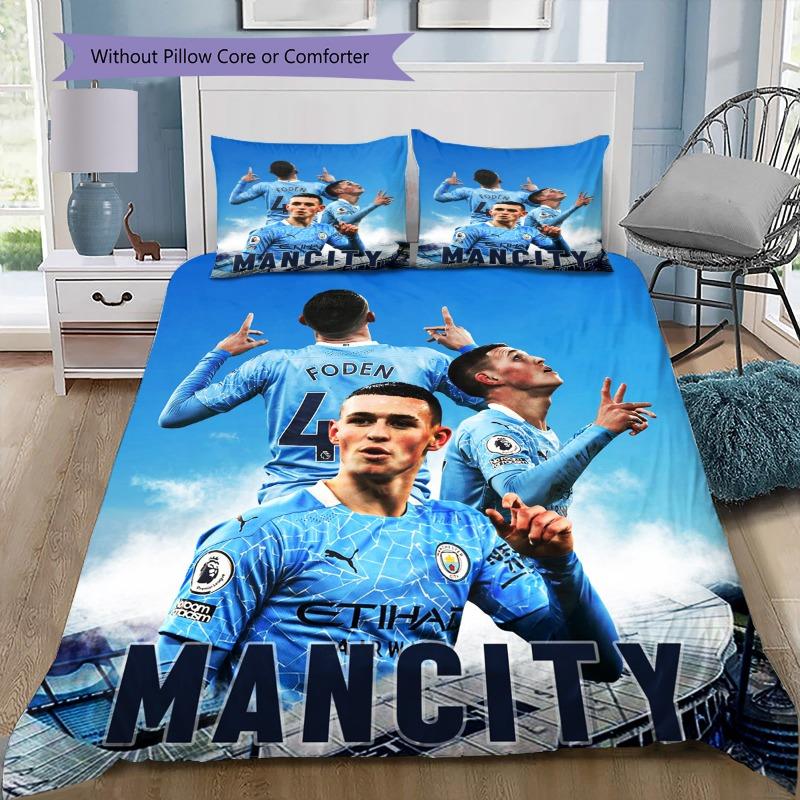 Man City Football Team Players Portrait Print 3‑Pieces Duvet Cover Set Soccer Fan Bedding Bedroom Home Decor Without Pillow Core Comforter